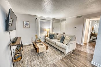 Furnished living room with gray sofa and coffee table